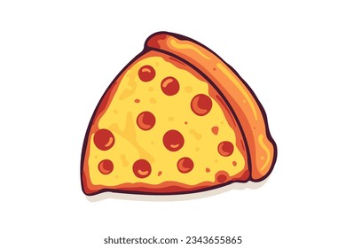 Triangle pizza slice with melted cheese and pepperoni. Cartoon sticker in comic style with contour. Design element food for greeting card, poster, print for clothes, emblem. Vector illustration.