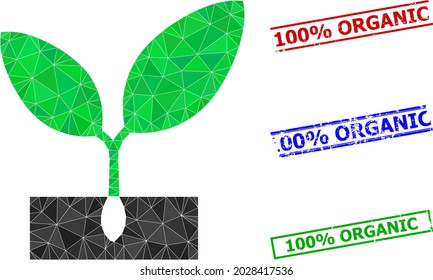 Triangle plant sprout polygonal icon illustration, and rubber simple 100 percents Organic rubber seals. Plant Sprout icon is filled with triangles. Simple stamp seals uses lines, rects in red, blue,