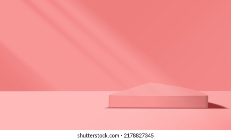 Triangle platform podium for product display, advertising, show, cosmetic, placed in Pink room at clean with window shadow and sunlight backdrop. Minimal style. Vector illustration.