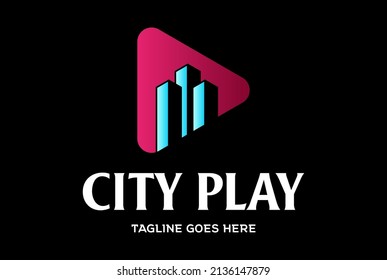 Reproducción triangular con vectores de diseño de logotipos para logotipos de medios digitales en el edificio de la ciudad