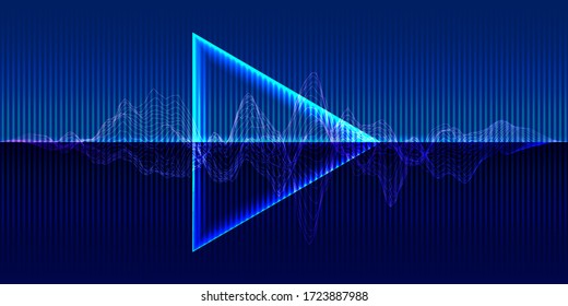 Dreiecksspielsymbol auf dunklem Hintergrund mit Equalizer auf blauen Linien. Banner, Web- und Präsentationsdesigns. Vektorgrafik.