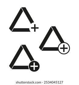 Triangle plus icon. Positive geometric shape. Abstract vector symbol. Black triangle design.