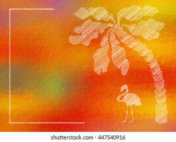 Triangle polygonal mosaic tropical  background with flamingo, palm and border. Vector illustration.
