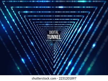 Triangle portal with light effects. Neon particles tunnel. Abstract technology background. Vector illustration.