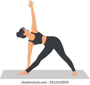 Triangle Pose Hand In Front. Beautiful girl practice Trikonasana Hand In Front. Young attractive woman practicing yoga exercise. working out, black wearing sportswear, Isolated vector illustration.