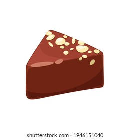 Triangle praline candy with pieces of nut isolated sweet food dessert. Vector luxury chocolate sweets, one candy with white sprinkles in 3D realistic design. Delicious treat with topping
