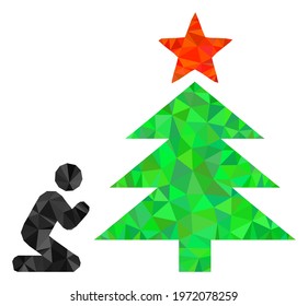 Triangle pray to christmas tree polygonal icon illustration. Pray to Christmas Tree lowpoly icon is filled with triangles. Flat filled abstract mesh image based on pray to christmas tree icon.