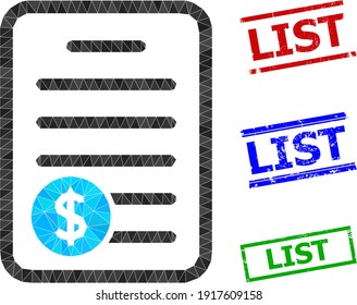 Triangle price list polygonal icon illustration, and unclean simple List stamp seals. Price List icon is filled with triangles. Simple stamp seals uses lines, rects in red, blue, green colors.