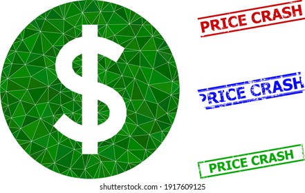 Triangle price polygonal icon illustration, and distress simple Price Crash seals. Price icon is filled with triangles. Simple stamp seals uses lines, rects in red, blue, green colors.