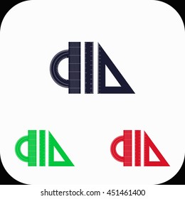 Triangle, Protractor and Straightedge Illustration set. Blue, green, red icon.