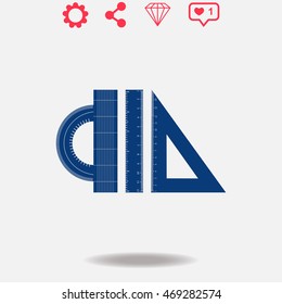 Triangle, Protractor and Straightedge vector icon on grey background.