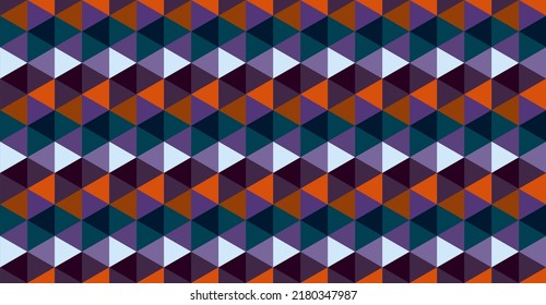 Triangle Purple pattern. Seamless vector Abstract Background.  Orange Violet Green triangles. Color Illustration. Dark. Hexagon. Seamless Geometric pattern. Mosaic texture. Geometric graphic Polygonal