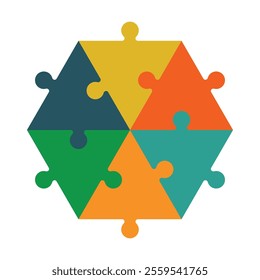 Triangle puzzle piece. A hexagon made of coloured triangular puzzle pieces. Creativity, inspiration, logical thinking.