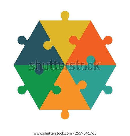 Triangle puzzle piece. A hexagon made of coloured triangular puzzle pieces. Creativity, inspiration, logical thinking.