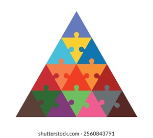 Triangle puzzle piece. Pyramid made of coloured triangular puzzle pieces. Creativity, inspiration, logical thinking.