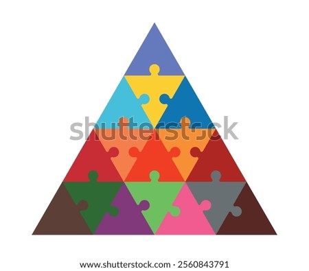 Triangle puzzle piece. Pyramid made of coloured triangular puzzle pieces. Creativity, inspiration, logical thinking.