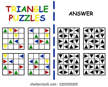 Triangle puzzles with colorful shapes and the answer vector illustration