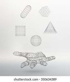 triangle pyramid, Ball, Cube, capsule on the arm. Polygon triangle. Polygonal hand. Mesh polygonal background. Scope of lines and dots. Molecular lattice. The structural grid of polygons