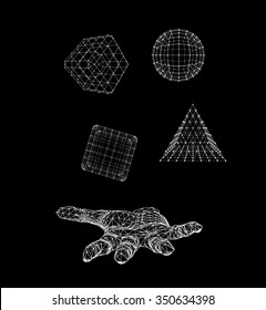 triangle pyramid, Ball, Cube on the arm. Polygon triangle. Polygonal hand. Mesh polygonal background. Scope of lines and dots. Molecular lattice. The structural grid of polygons