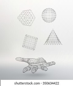 triangle pyramid, Ball, Cube on the arm. Polygon triangle. Polygonal hand. Mesh polygonal background. Scope of lines and dots. Molecular lattice. The structural grid of polygons