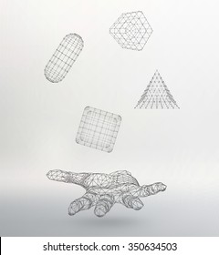 triangle pyramid, capsul, Cube on the arm. Polygon triangle. Polygonal hand. Mesh polygonal background. Scope of lines and dots. Molecular lattice. The structural grid of polygons