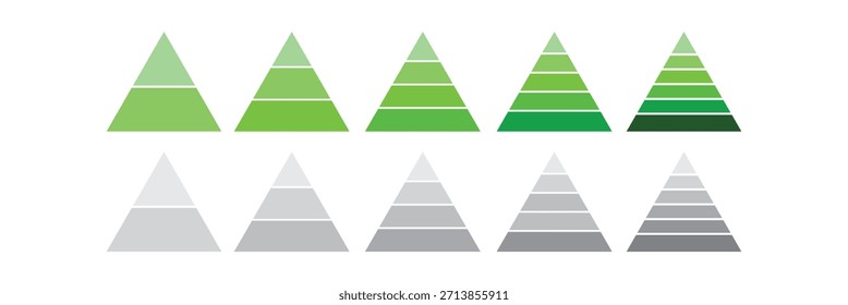 Coleção de gráficos de pirâmide triangular. Níveis do conjunto de ícones da pirâmide triangular. Diagrama de Pirâmide de Negócios 2, 3, 4, 5, 6 Nível Infográfico Vetor.eps10