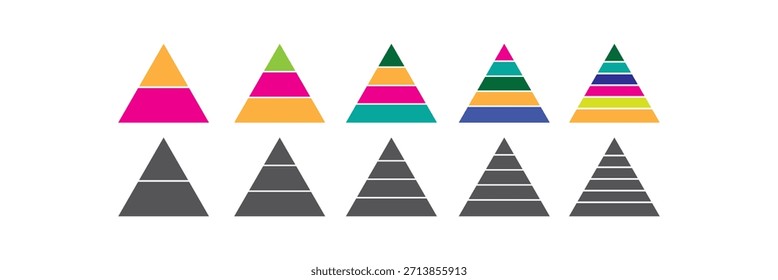 Colección de gráfico de pirámide triangular. Niveles del conjunto de iconos de pirámide triangular. Diagrama de la pirámide empresarial 2, 3, 4, 5, 6 Vector de infografía de nivel.eps10