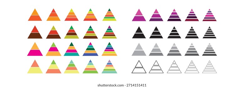 Coleção de gráficos de pirâmide triangular. Níveis do conjunto de ícones da pirâmide triangular. Diagrama de Pirâmide de Negócios 2, 3, 4, 5, 6 Nível Infográfico Vetor.eps10