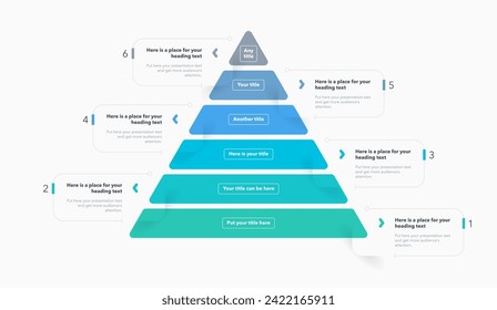 Triangle pyramid chart template with six colorful steps. Infographic diagram divided into six options with numbers.