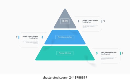 Triangle pyramid chart template with three colorful steps. Infographic diagram divided into three options with numbers.