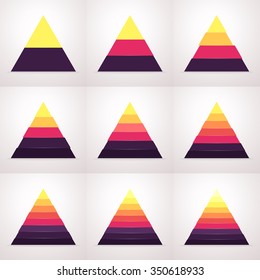 Triangle, Pyramid With Colored Sections. Flat Triangle, Pyramid With 2, 3, 4, 5, 6, 7, 8, 9, 10 Steps, Options, Parts. Vector Triangle Chart, Diagram.