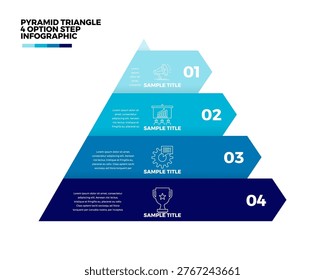 Triangle pyramid infographic with 4 arrow step options, for presentations, web, slides, annual reports, banners, posters. Editable vector