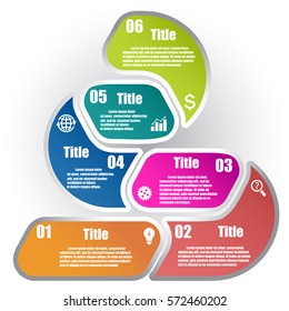 Triangle pyramid infographic template with 6 steps. Parts of the chart  with icons and numbers. For presentation and design concept. Vector illustration.