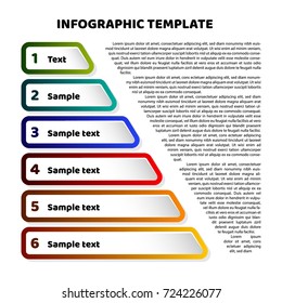 Triangle pyramid infographic template with 6 steps. Sheet chart and text sample. For presentation and design concept. Vector illustration.