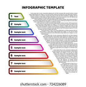 Triangle pyramid infographic template with 8 steps. Sheet chart and text sample. For presentation and design concept. Vector illustration.