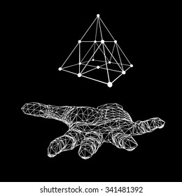 triangle pyramid on the arm. The hand holding a pyramid. Polygon triangle. Polygonal hand. White background. The shadow of the objects in the background