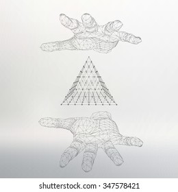 triangle pyramid on the arm. The hand holding a pyramid. Polygon triangle. Polygonal hand