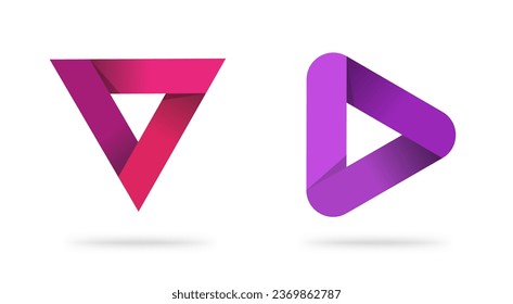 Triangle pyramid prism logo purple red pink symbol vector modern trendy design with gradient and shadow, ide of play media logotype geometric shape element, technology forward strong image