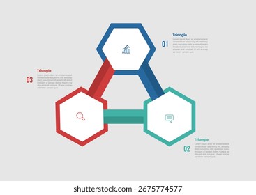 Forma de pirâmide triângulo diagrama infográfico com triângulo baseado na estrutura hexágono na borda com 3 etapa para apresentação de slide vetor