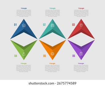 Triangle pyramid shape infographic diagram with arrow triangle with 3d shadow opposite direction with 6 step for slide presentation vector