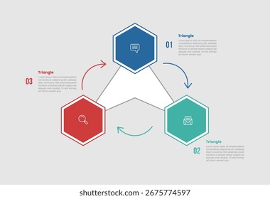 Diagrama de infografía de la forma de la pirámide del triángulo con el borde hexagonal con el círculo Pequeño del ciclo de la flecha con 3 pasos para el Vector de la presentación de la diapositiva