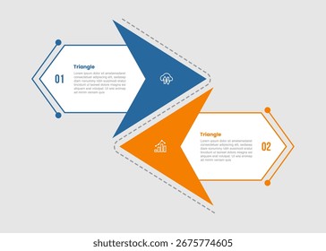 Diagrama infográfico de forma de pirâmide triangular com seta grande e borda afiada na direção oposta com 2 passos para o vetor de apresentação de slide