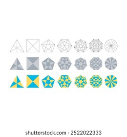 triângulo, quadrilátero, pentágono, hexágono, heptágono, octógono, formas de círculo. conjunto de contorno, colorido, formas geométricas cinzas. grupo de formas geométricas com grade