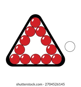 Rack triangular de bolas de bilhar vermelhas, além de uma bola de sinalização.