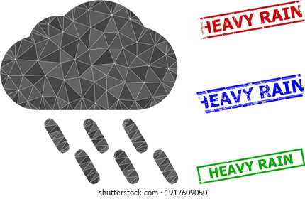 Triangle rain polygonal icon illustration, and textured simple Heavy Rain rubber seals. Rain icon is filled with triangles. Simple stamps uses lines, rects in red, blue, green colors.