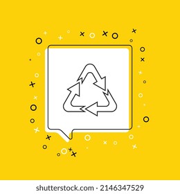 Icono de las flechas de triángulo recicla en burbuja de habla blanca con elementos decorativos sobre un fondo amarillo. Anuncio gráfico moderno con símbolo de línea delgada. Ilustración del vector EPS 10