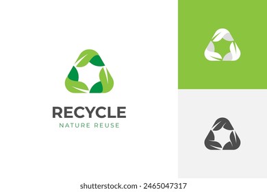 diseño de ícono de logotipo de hoja de reciclaje triangular con elemento gráfico de rotación de hoja verde, signo para reciclar ecología, Plantilla de logotipo de reutilización de la naturaleza