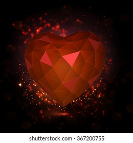 Triangle red heart for valentines day. Abstract dark red background with fire and sparks. Power vector illustration with shine, stars and bokeh. Dark red space with heart
