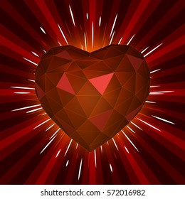Triangle red heart for valentines day. Abstract starburst red background. Radial motion lines in perspective. Valentines day for holiday