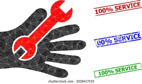 Triangle repair service hand polygonal 2d illustration, and textured simple 100 percents Service seals. Repair Service Hand icon is filled with triangles. Simple seals uses lines, rects in red, blue,